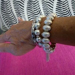 Beautiful Pearl & Silver Bangle Bracelets